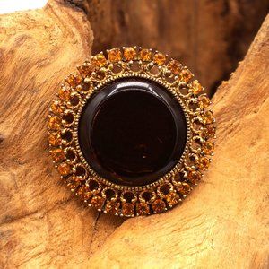Vintage Golden Brown Faux Amber & Orange Cut Glass Rhinestones Brooch